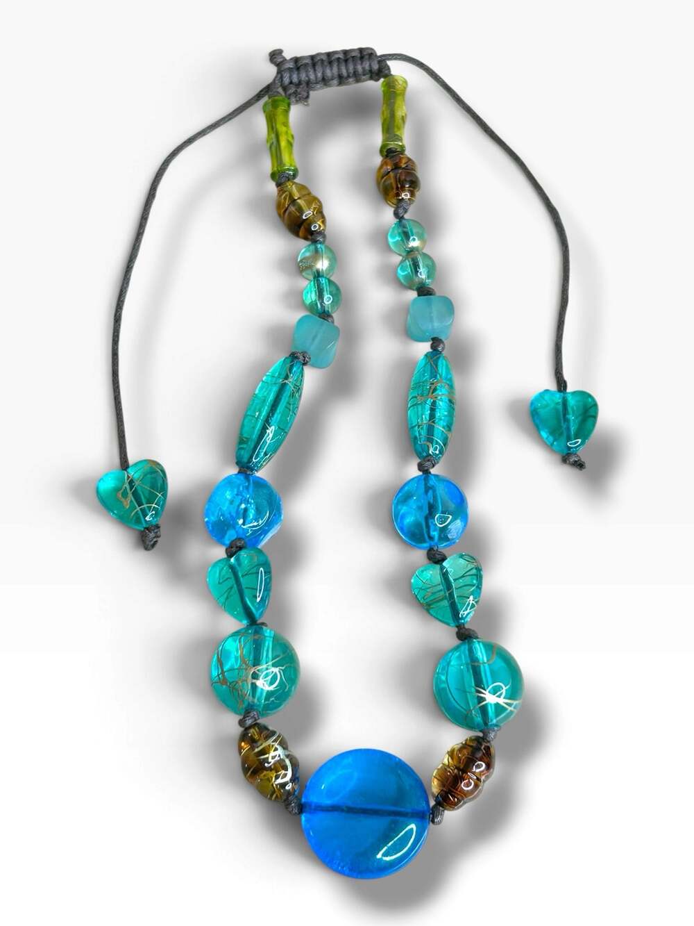 Y2K Chunky Beaded Necklace Aqua Blue Heart Accents Adjustable Cord
